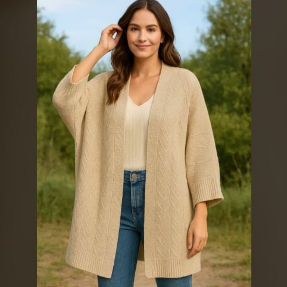New NATURAL REFLECTIONS Cable Knit Open Front Cardigan Batwing Sleeves XL